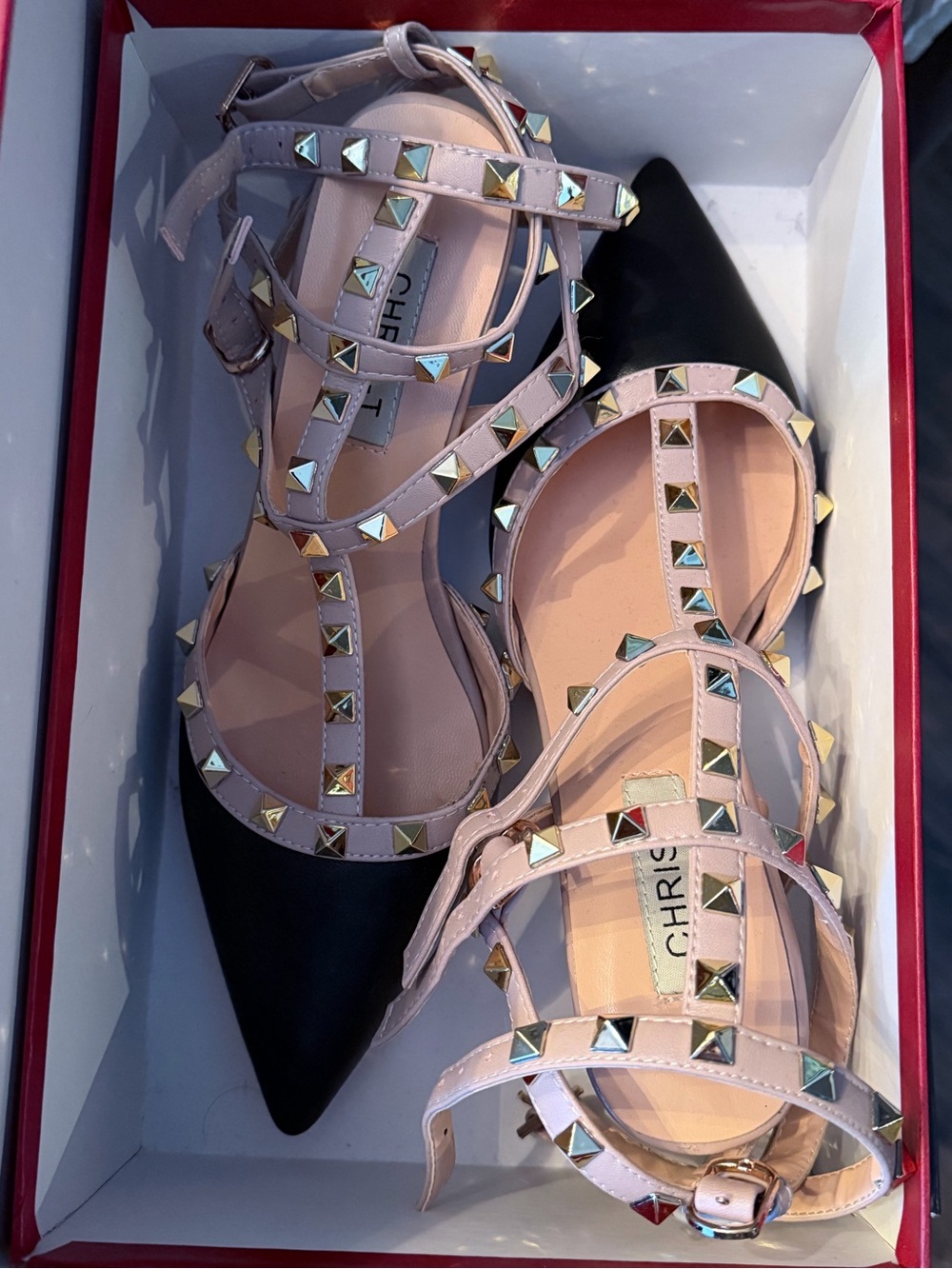 Studded Pointed-Toe Flats in Black and Blush